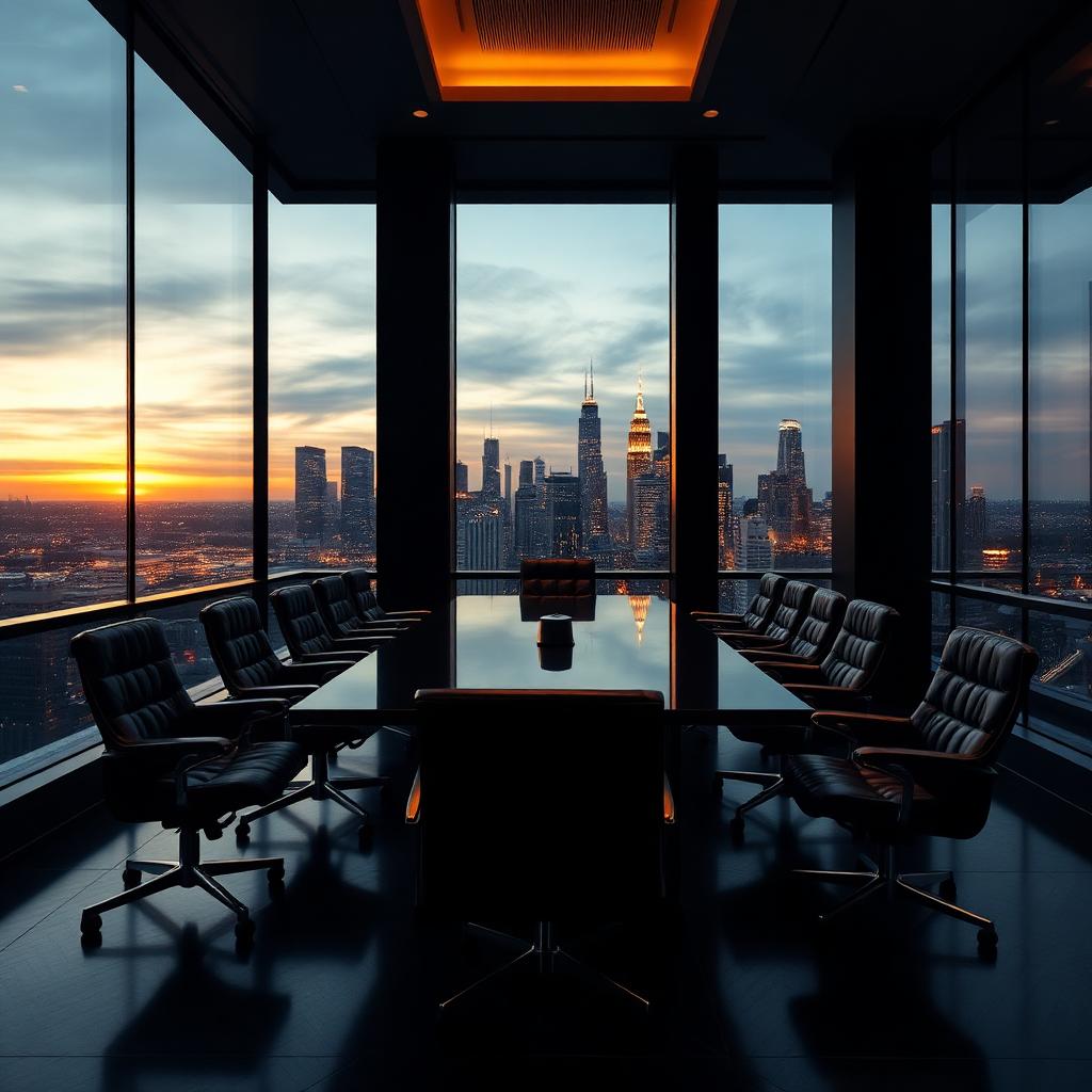 Executive boardroom overlooking a city skyline at sunset