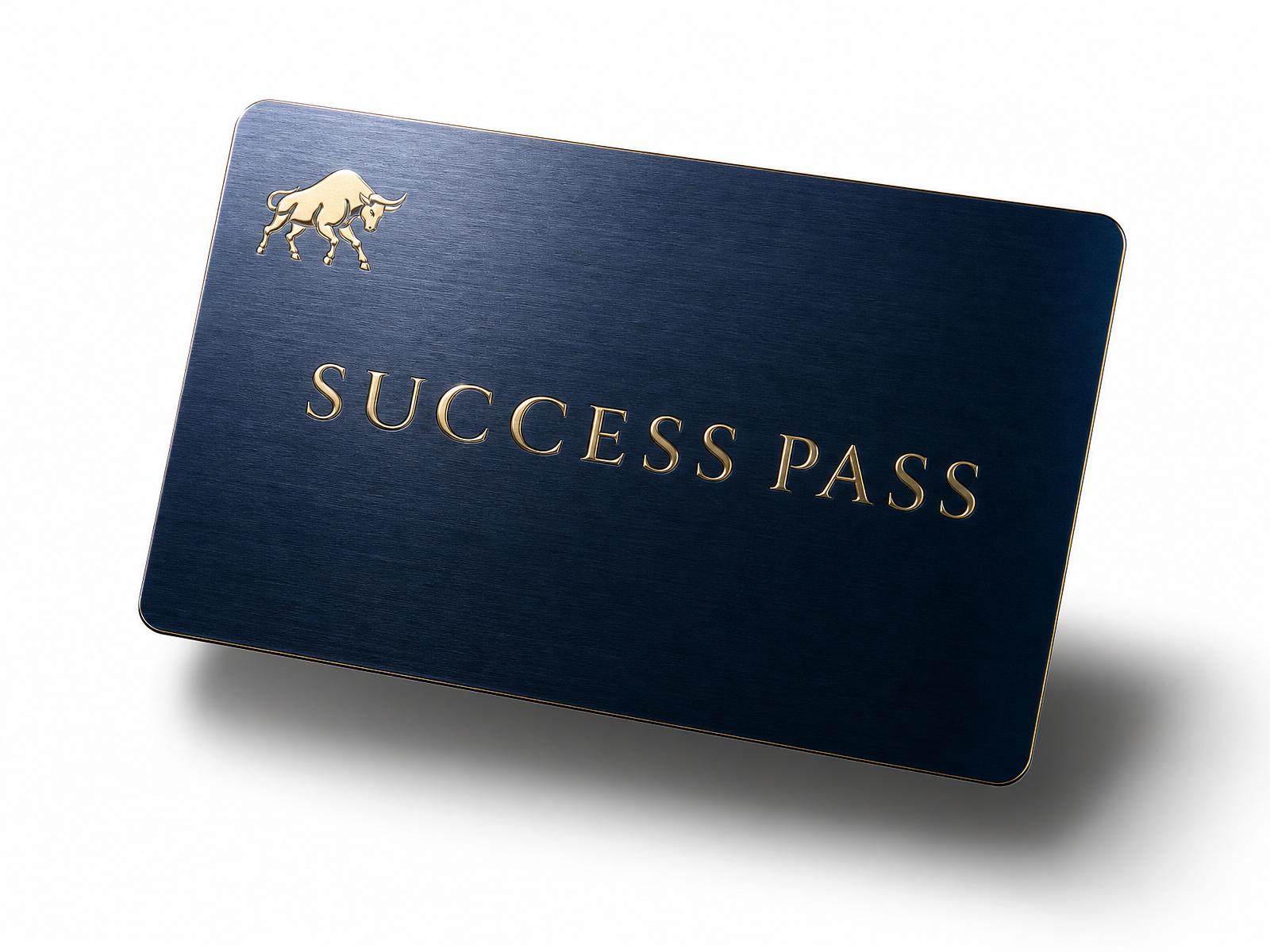 The Success Pass — a navy and gold membership card.